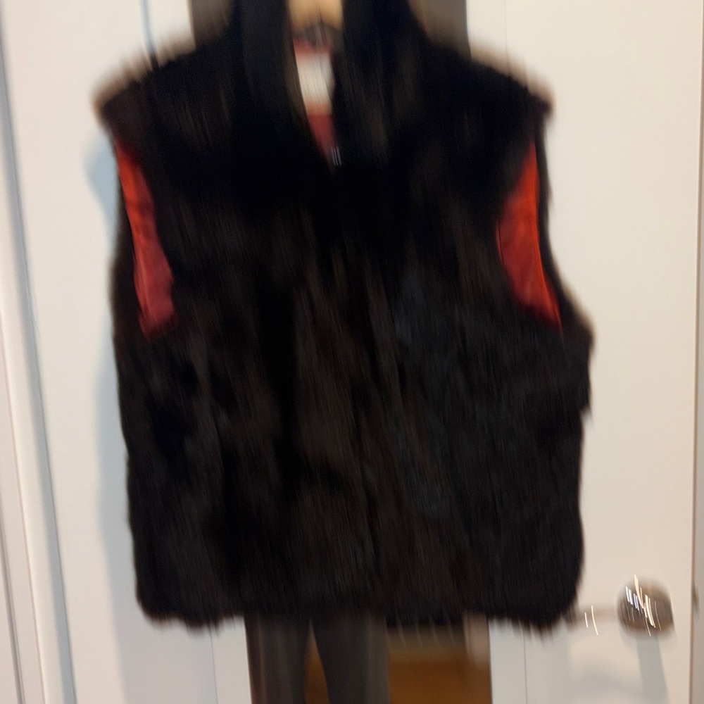 Andrew Marc Black genuine rabbit Fur Vest with Red Lining Accents